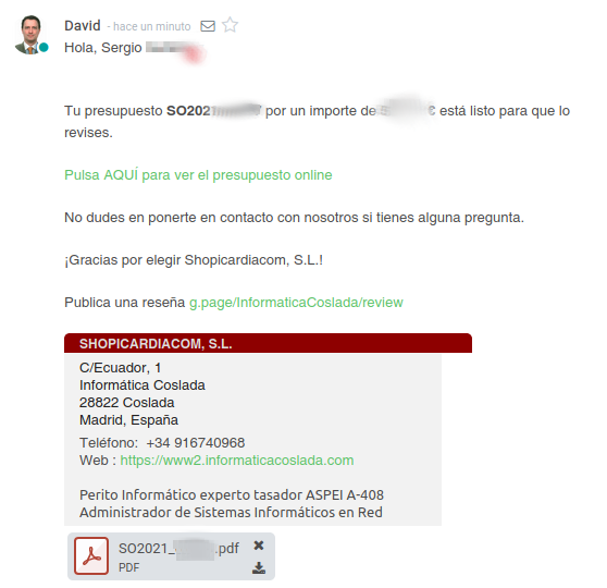 Ejemplo de correo electrónico enviado a cliente Ejemplo de email